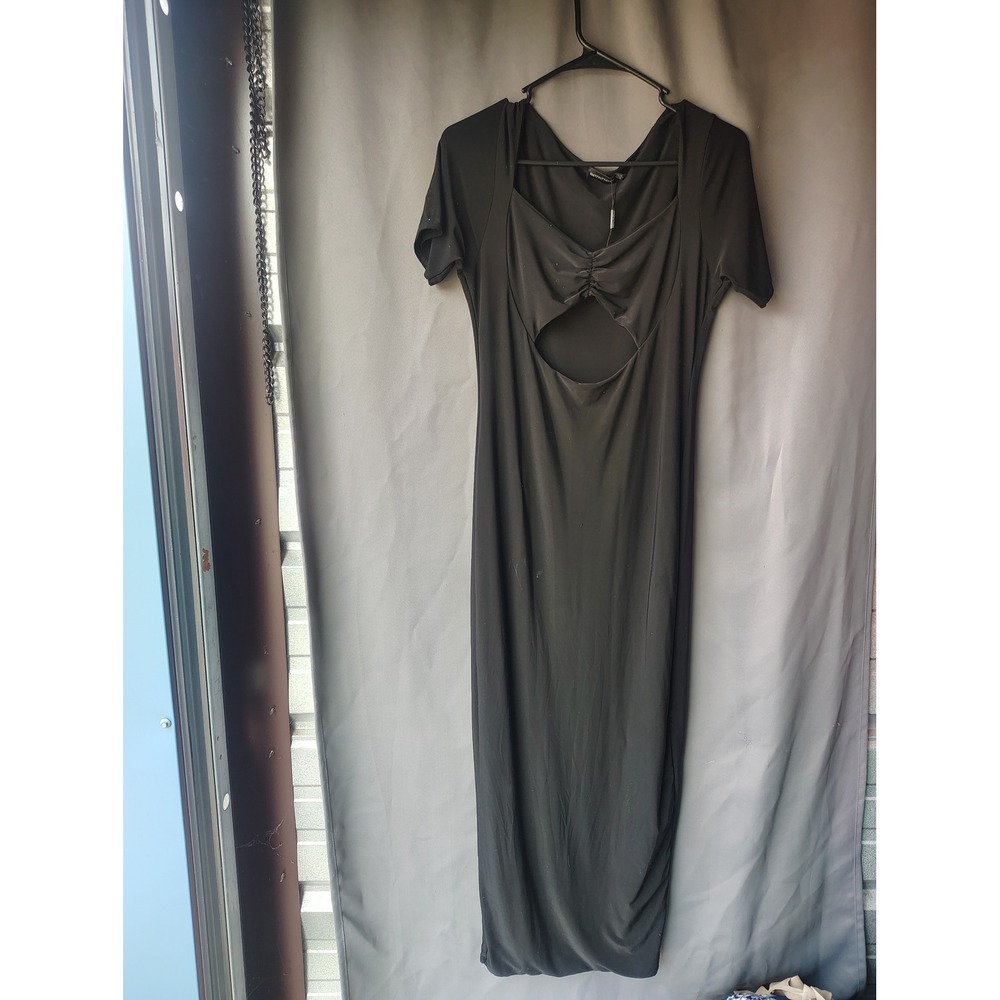 PrettyLittleThing Black Short Sleeve Cutout Front Midi Bodycon Dress Womens